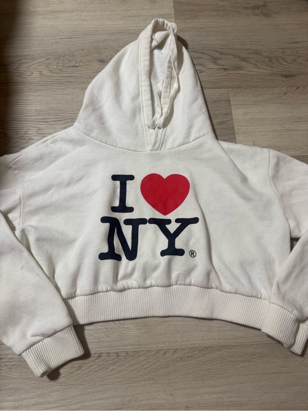 I Love NY Unisex Junior M White Cropped Pullover Fleece Hoodie Heart Logo